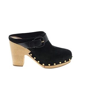 Veronica Beard Black Suede Mules with Wooden Heel